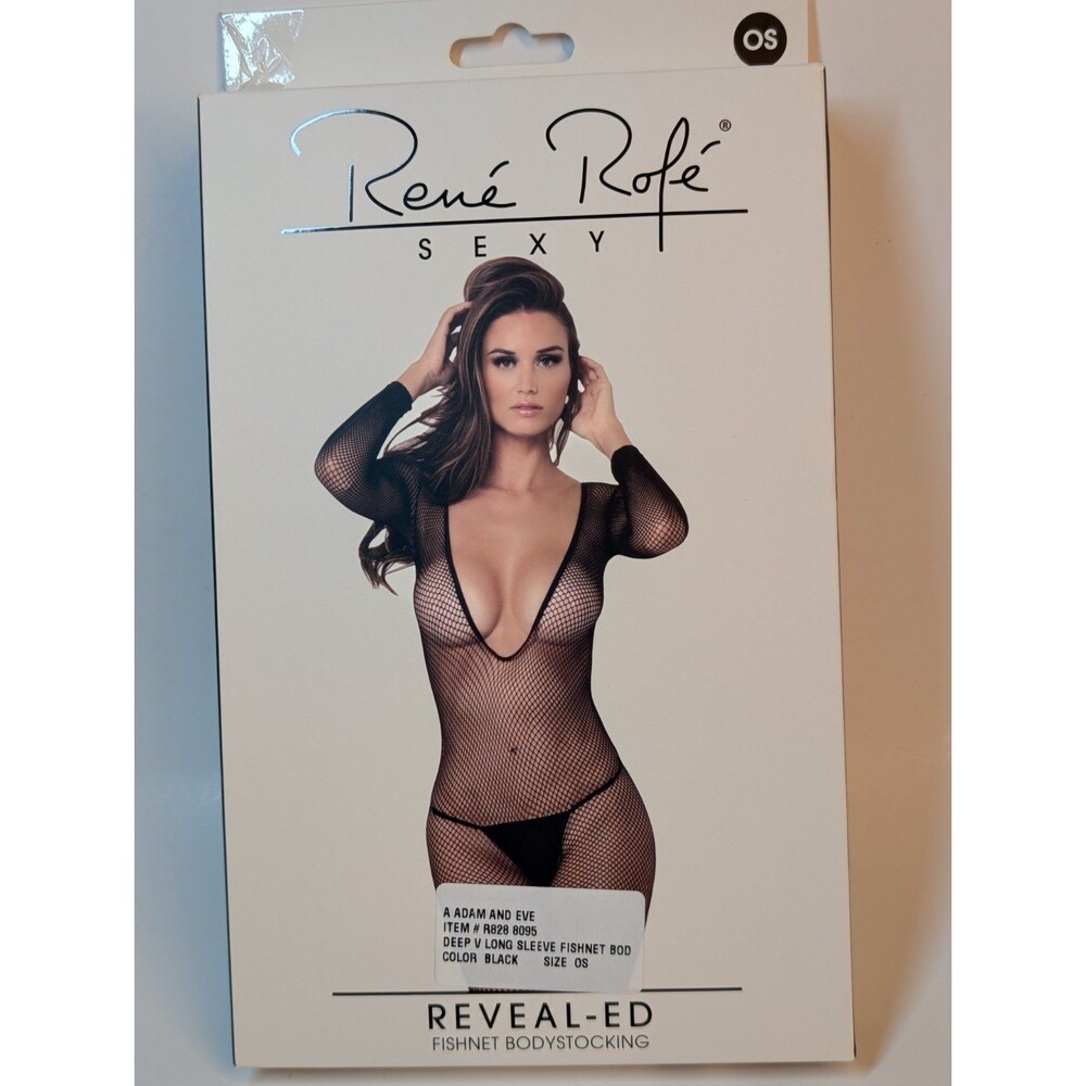 Rene Rofe Sexy Womens Deep V long Sleeve Fishnet Bodysuit Size OS